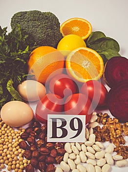 Healthy products and ingredients as source vitamin B9 acidum folicum, natural minerals, concept of nutritious eating