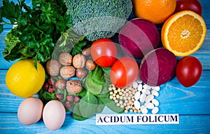 Healthy products and ingredients as source vitamin B9 acidum folicum, natural minerals, concept of nutritious eating