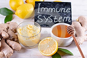 Healthy products lemon, ginger and honey for Immunity boosting and cold remedies