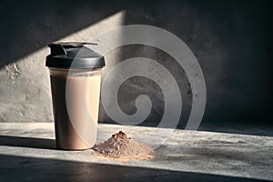 Healthy Protein Shake with Powder on Gray Surface in Dramatic Light