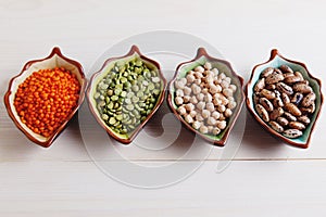 Healthy pulses products chick-pea, lentil, beans and peas, top v