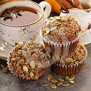 Healthy pumpkin muffins with tea and spices