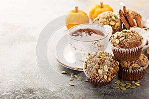 Healthy pumpkin muffins with tea and spices