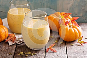 Healthy pumpkin smoothie with chia seed in glasses