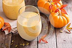 Healthy pumpkin smoothie with chia seed in glasses