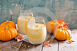 Healthy pumpkin smoothie with chia seed in glasses