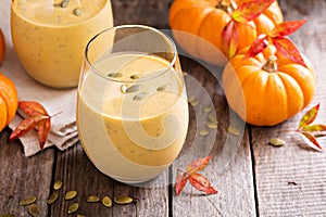 Healthy pumpkin smoothie with chia seed in glasses