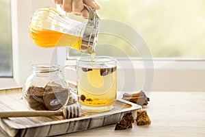 Healthy pure wild natural chaga mushroom from birch tree  Inonotus obliquus pieces in tea glass.