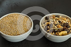 Healthy quinoa cereals, brown rice and oatmeal in a bowl. Concept of healthy carbohydrates.