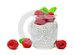 Healthy raspberry chia pudding isolated on white
