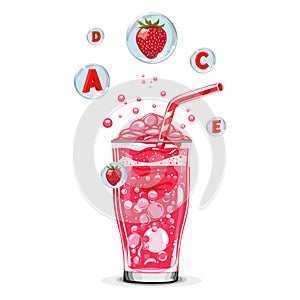 Healthy red strawberry oxygen cocktail with air bubbles. Isolated vector summer drink for design