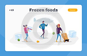 Healthy Refrigerated Food Landing Page Template. Tiny Characters Carry Huge Frozen Fish and Box with Products