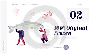Healthy Refrigerated Food Website Landing Page. Characters Carry Huge Frozen Fish with Snow Flakes and Ice Cubes
