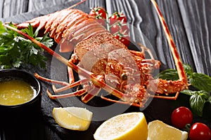 Healthy restaurant food boiled spiny lobster crayfish with fresh
