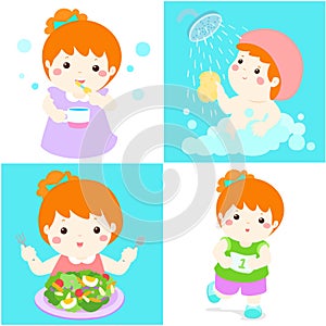 Daily healthy routine for girl cartoon