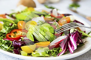 Healthy salad with bio organic vegetables, green vegan meal with avocado, pepper, radish, tomatoes, lettuce, cabbage, spring