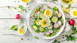 Healthy salad with boiled eggs, cucumbers, radishes, and a mix of greens