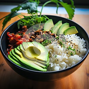 Healthy salad bowl with quinoa, tomatoes, chicken, avocado, lime and mixed greens, lettuce, parsley on wooden background
