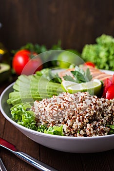 Healthy salad bowl with quinoa, tomatoes, chicken, avocado, lime and mixed greens, lettuce, parsley