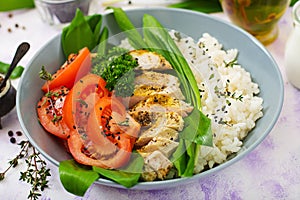 Healthy salad with chicken, tomatoes, wild garlic and rice