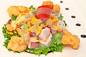 Healthy salad with fresh fruit and prawn