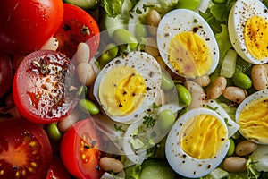 Healthy salad with fresh vegetables and boiled eggs