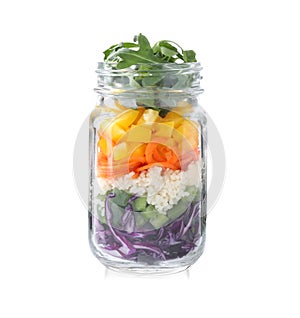 Healthy salad in glass jar isolated