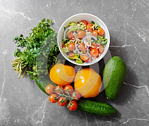 Healthy salad on a kitchen table