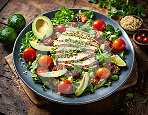 Healthy salad with quinoa, cherry tomatoes, chicken meat, avocado, lime and mixed greens, lettuce, parsley on a wooden table.