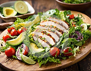 Healthy salad with quinoa, cherry tomatoes, chicken meat, avocado, lime and mixed greens, lettuce, parsley on a wooden table.