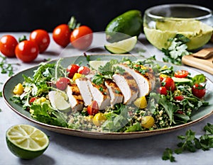 Healthy salad with quinoa, cherry tomatoes, chicken meat, avocado, lime and mixed greens, lettuce, parsley on a wooden table.