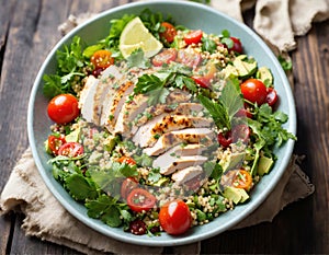 Healthy salad with quinoa, cherry tomatoes, chicken meat, avocado, lime and mixed greens, lettuce, parsley on a wooden table.