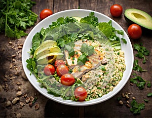 Healthy salad with quinoa, cherry tomatoes, chicken meat, avocado, lime and mixed greens, lettuce, parsley on a wooden table.