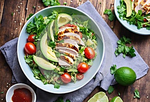 Healthy salad with quinoa, cherry tomatoes, chicken meat, avocado, lime and mixed greens, lettuce, parsley on a wooden table.