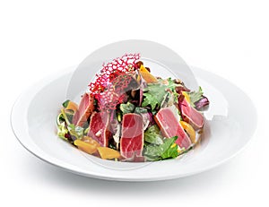 Healthy salad with seared tuna fish, greens, bell pepper and sauce in plate on isolated white background.