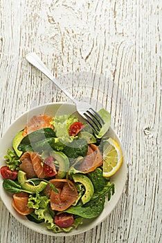 Healthy Salad with smoked salmon and avocado