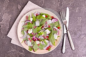 Healthy salad with spinach, arugula, red onion and pomegranate
