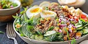 Healthy salad with tuna, eggs, cucumber, radish and microgreens on a black background.