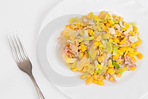 Healthy salad with tuna fish, pineapple, leek and corn on white plate