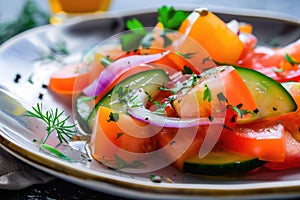 Healthy salad with watermelon, red onion, sliced tomatoes, sliced carrot. AIG42.