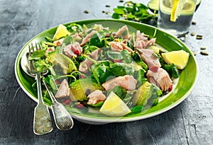 Healthy Salmon, Avocado salad with watercress and goji berries, pumpkin seed mix on green plate