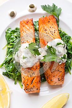 Healthy Salmon Steak on bed of spinach