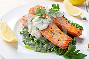 Healthy Salmon Steak on bed of spinach