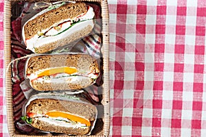 Healthy sandwich made of a fresh rye roll with tasty ingredients