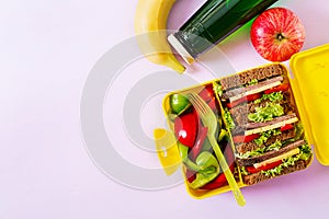 Healthy school lunch box with beef sandwich and fresh vegetables