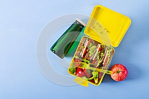 Healthy school lunch box with beef sandwich and fresh vegetables