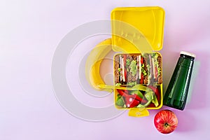 Healthy school lunch box with beef sandwich and fresh vegetables