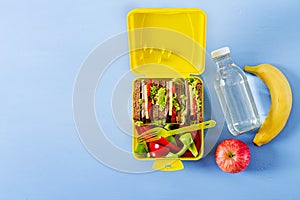 Healthy school lunch box with beef sandwich and fresh vegetables