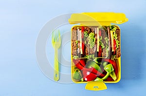 Healthy school lunch box with beef sandwich and fresh vegetables on blue background.