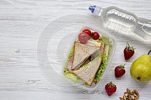 Healthy school lunch box with fresh organic vegetables sandwiches, walnuts, bottle of water and fruits on white wooden background,